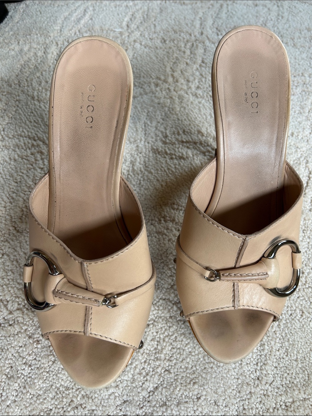 Gucci Nude Leather Platform Mule Sandals with Silver Horsebit - Picture 1 of 7